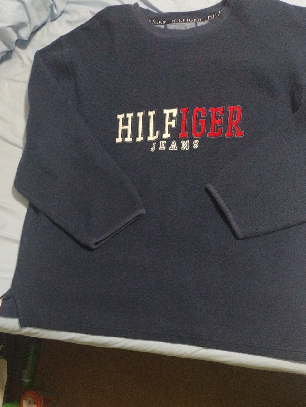 Vintage Tommy Hilfiger Navy Crewneck Sweatshirt with Red & White Logo